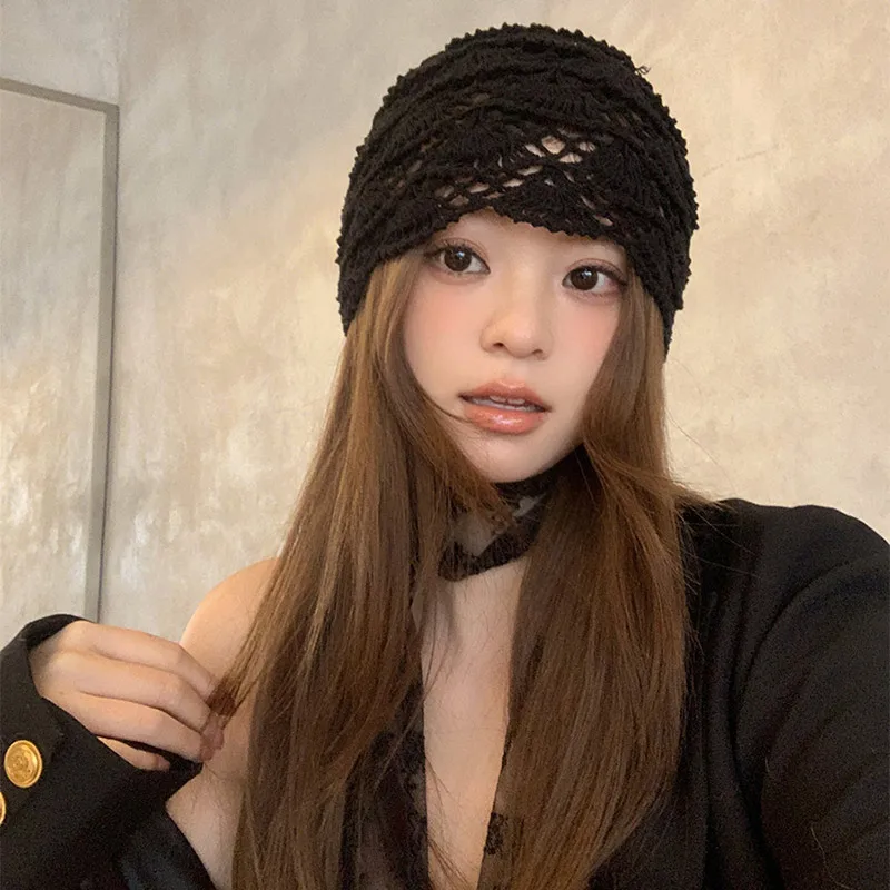 Summer Korean Hand-knitted Hollow Pattern Hat Breathable Retro Thin Pullover Cap Fashion Cute Wavy Hat Dress Collocation