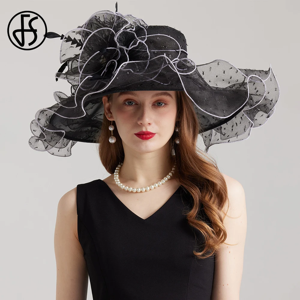 FS 2024 Kentucky Derby Hats For Women Organza Sun Cap Feather Flower Wedding Bride Church Cocktail Tea Party Fedora Female