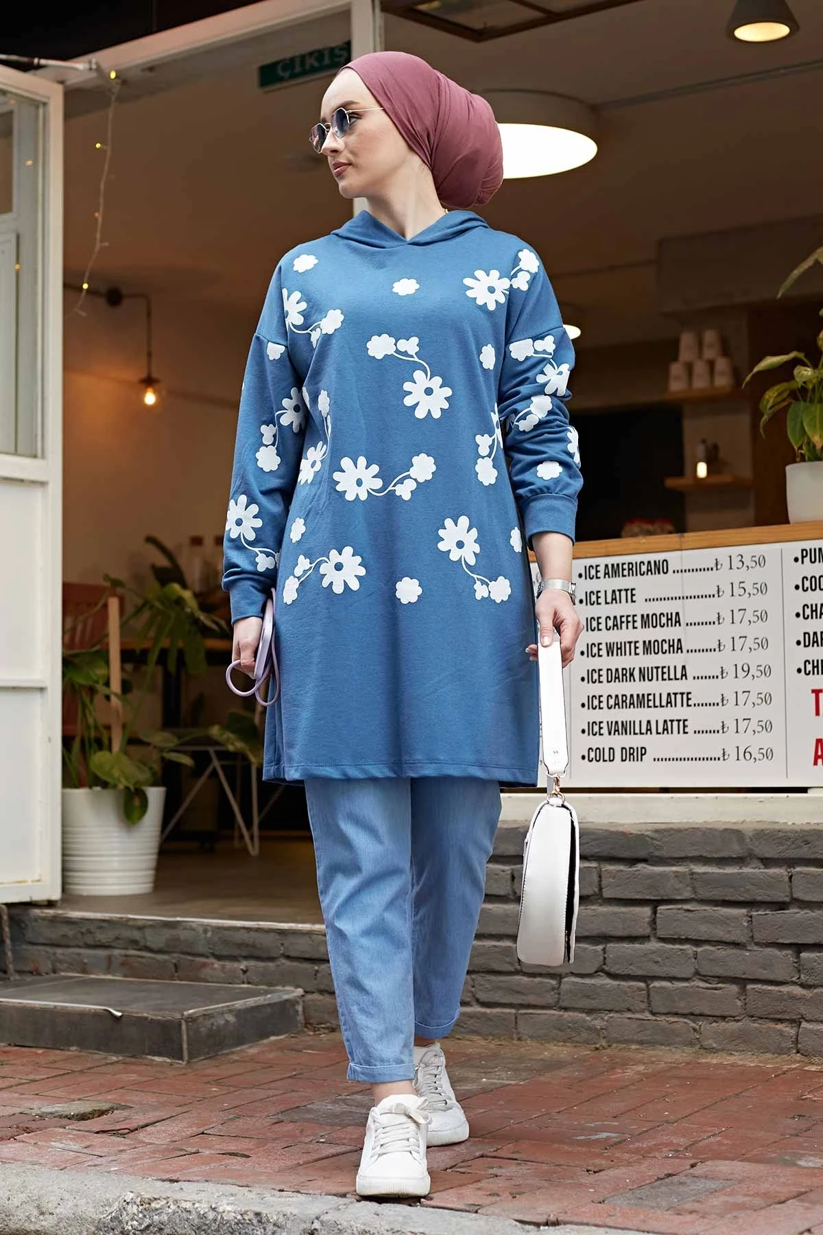 Flower Pattern Hooded Sportswear Tunic NS-Indigo Winter Autumn 2021 Muslim Women Hijab headscarf Islamic Turkey