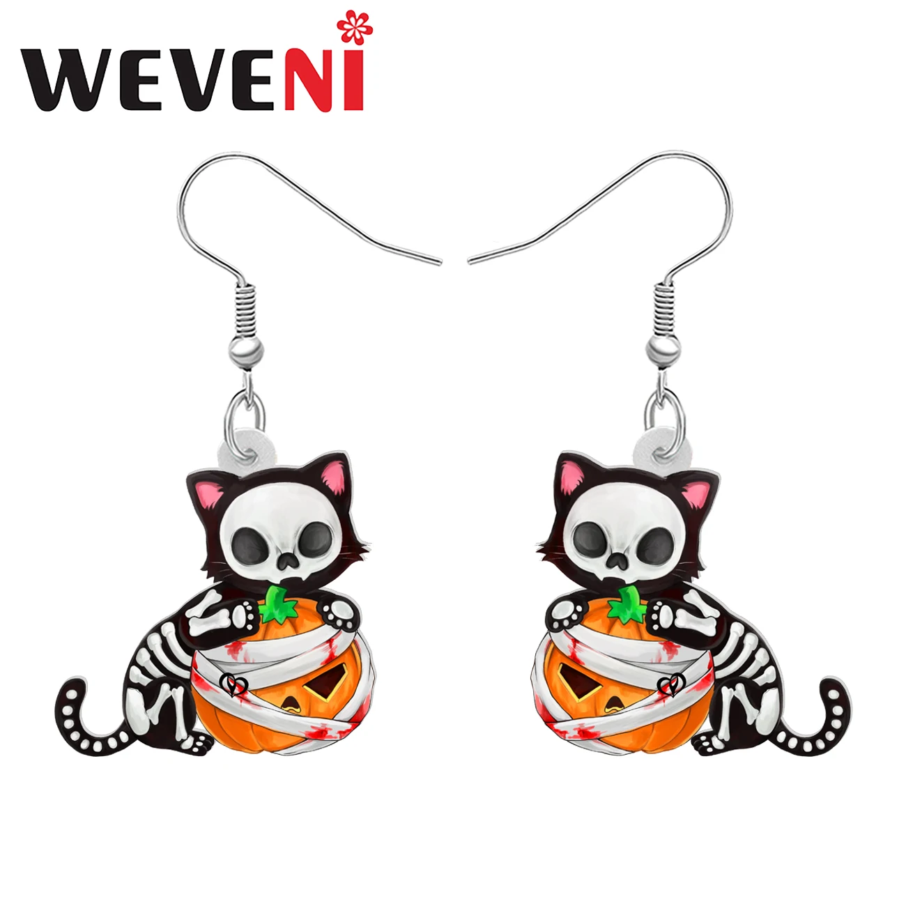 WEVENI Halloween Acrylic Terrible Cat Skeleton Pumpkin Dangle Drop Earrings Spooky Kitten Jewelry Gifts For Women Girls Teens