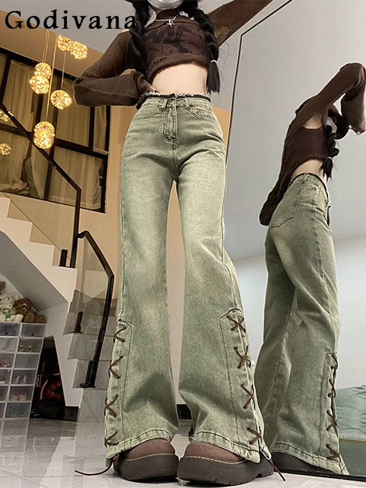 

Large Size 2XL-6XL Personalized Street Lace-up Retro Jeans Women High Waist Leisure Fashion Versatile Age-reducing Flare Pants