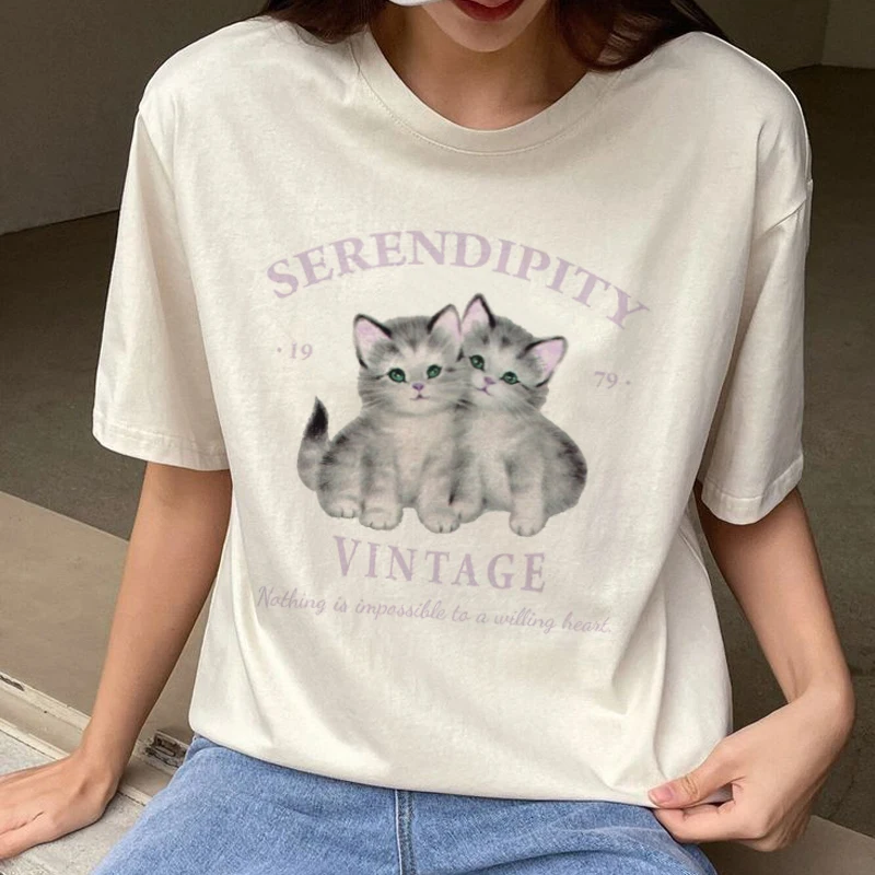 Kawaii Cottagecore Cat Print T Shirt Women Loose Vintage Cute Kitten T-shirts Short Sleeve Y2k Aesthetic Fairycore Tops Clothes