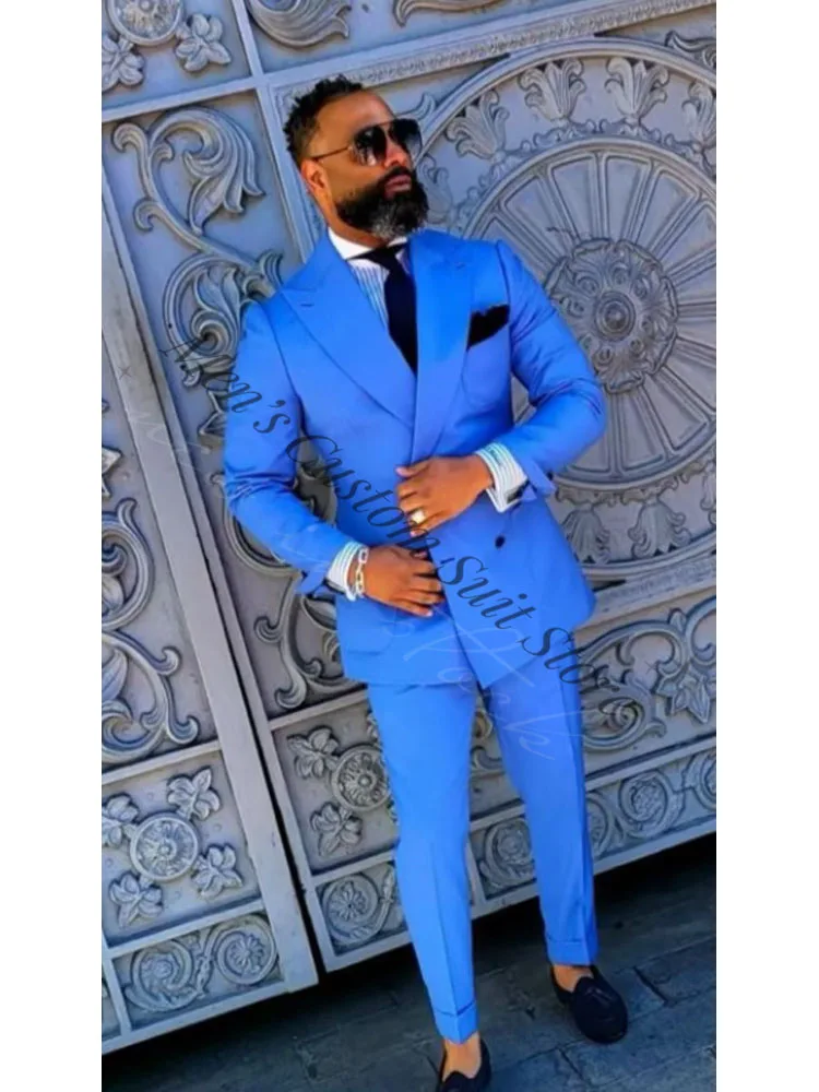 Popular Blue Men's Suits 2 Pieces Set (Jacket+Pants)  Groom Tuexdos Man Wedding Prom Suit Party Evening Blazer Coat Custom Made