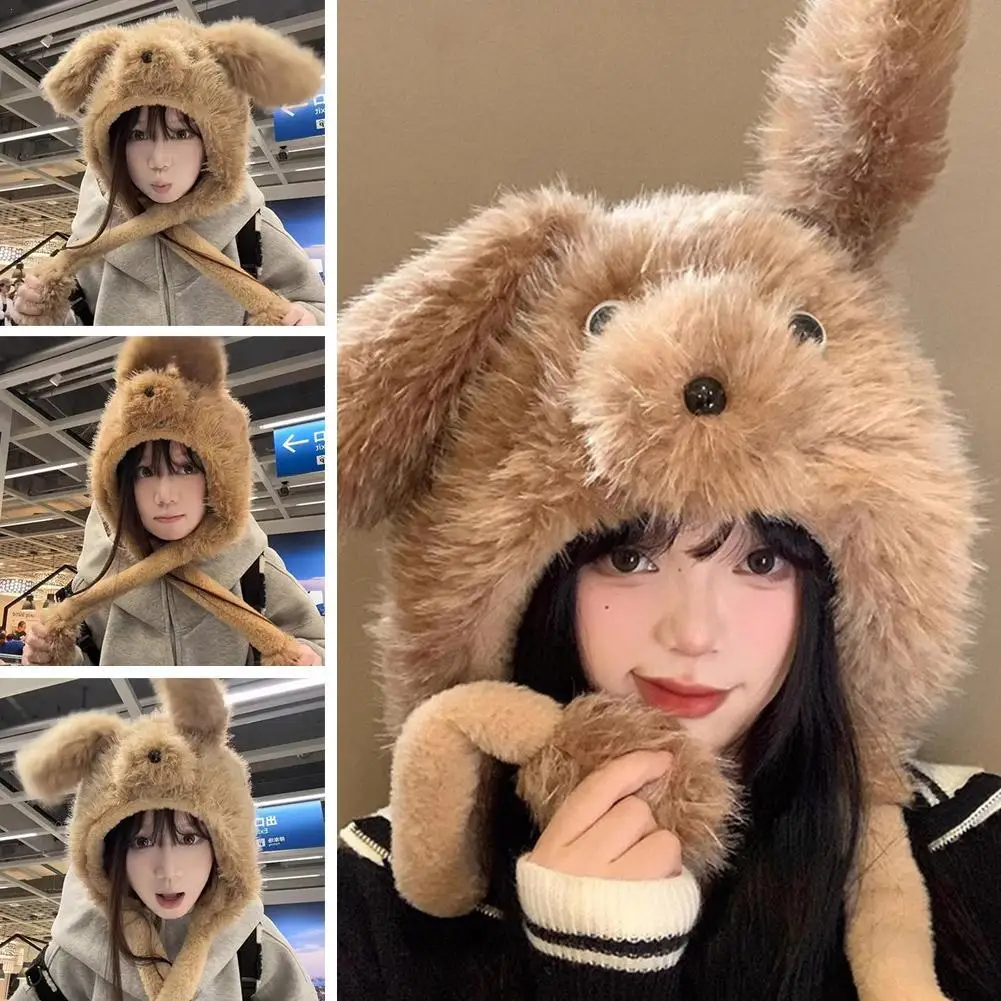 Funny Cartoon Dog Plush Hat with Long Ears Thick Warm Winter Women's Headgear for Eye Catching Fashion Street Style