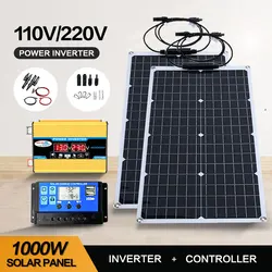 110V/220V1000WFlexible Solar Panel System 12V Battery Charging Controller 4000W Solar Inverter Kit Complete For Home/Outdoor Use