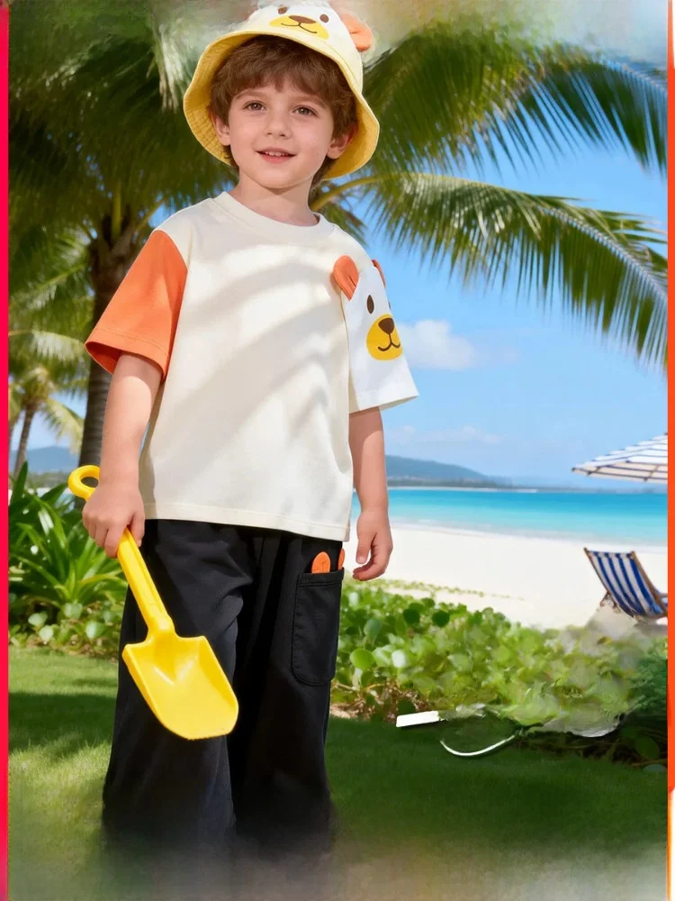 bornbay-boys-summer-outfit-short-sleeve-sporty-cool-feeling-pants-two-piece-set-cute-bear-pattern-antibacterial-cotton-blend