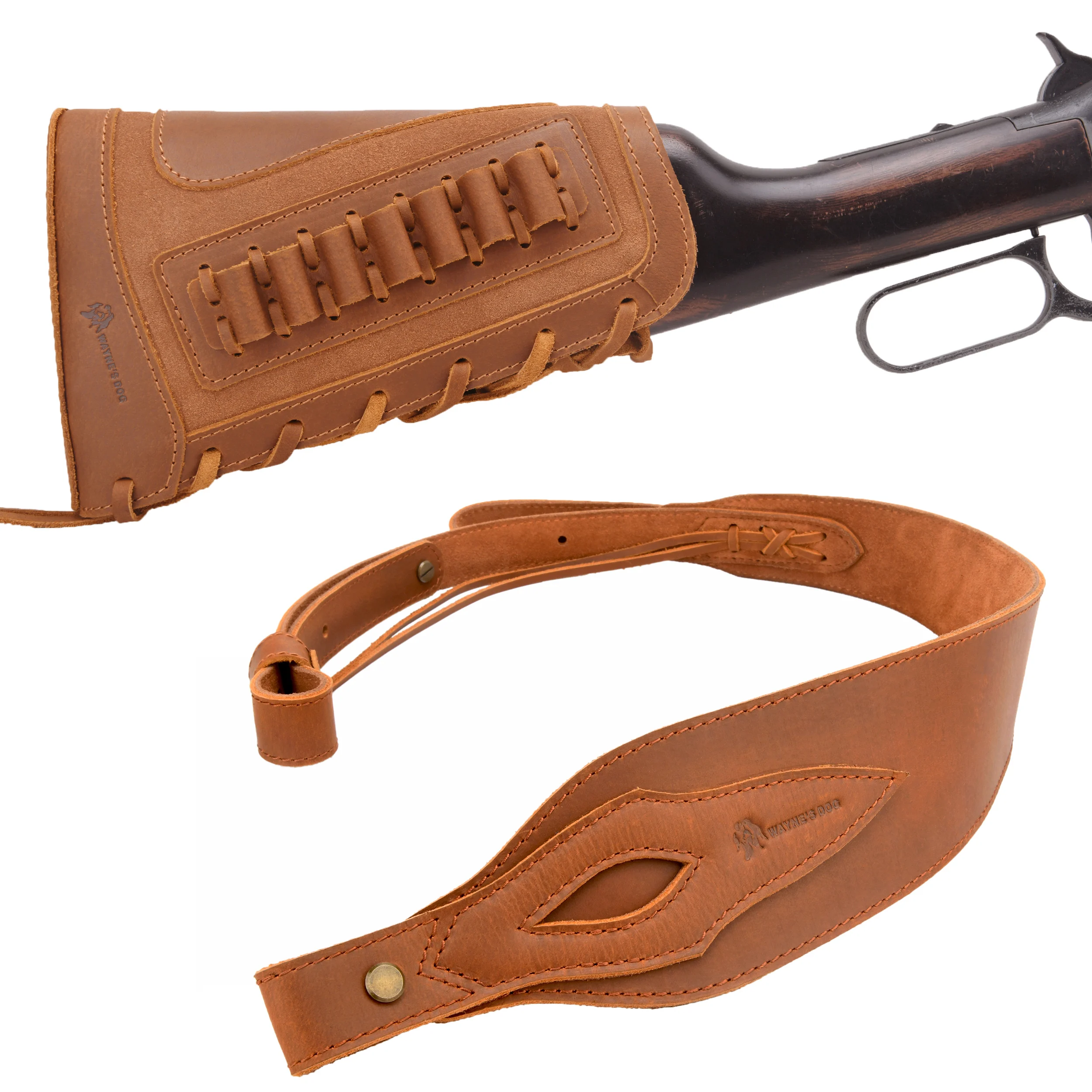 WAYNE'S DOG Full Leather Shooting Gun Buttstock Holder Cover with Gun Sling .22MAG .22MAG 410GA .308 .30/30 .45/70 .270