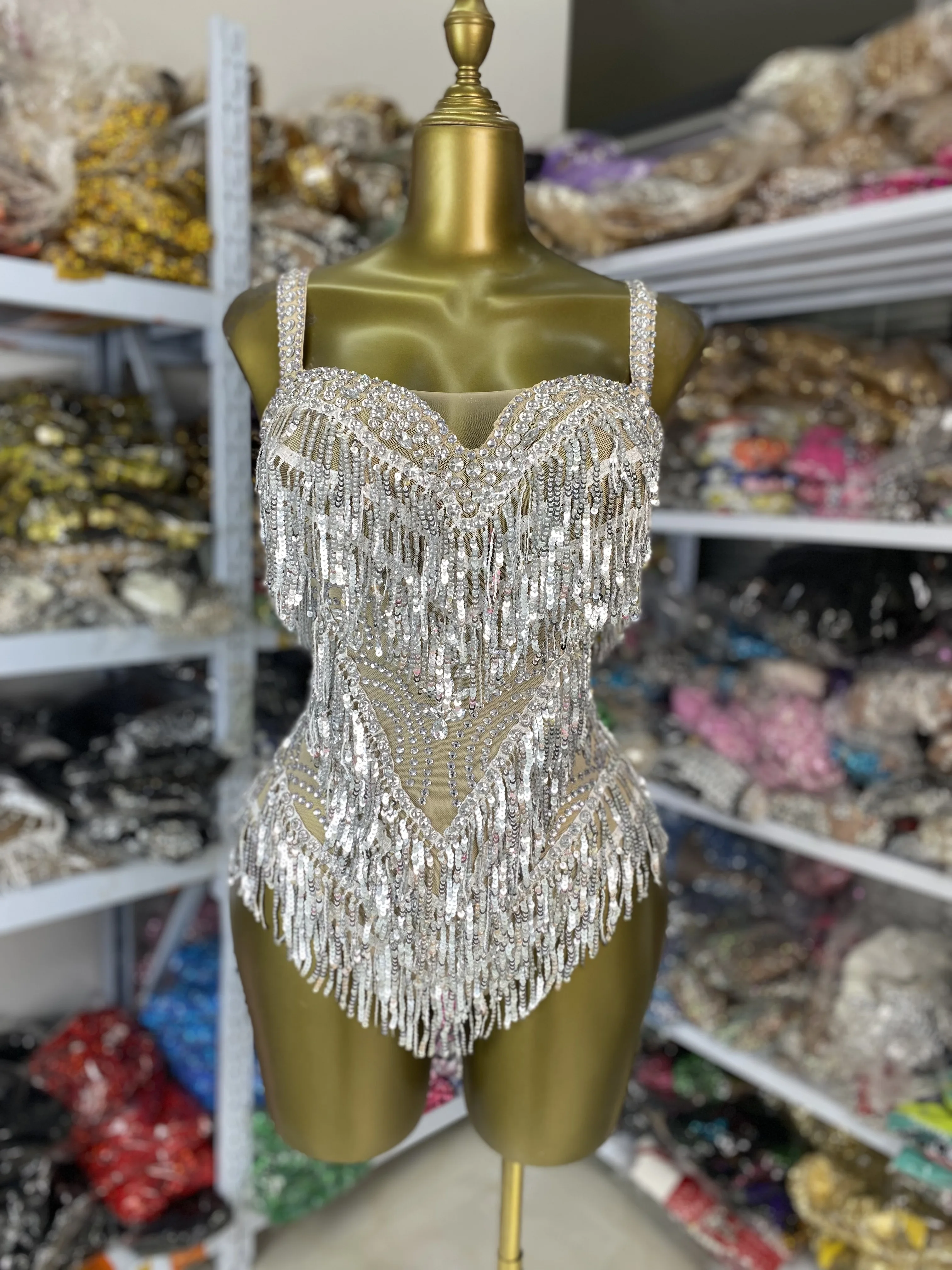 

Wholesale Women Sparkly Rhinestones Sequines Tassel Stretchable Bodysuit Dress Performance Costumes Glitter Evening Club Leotard
