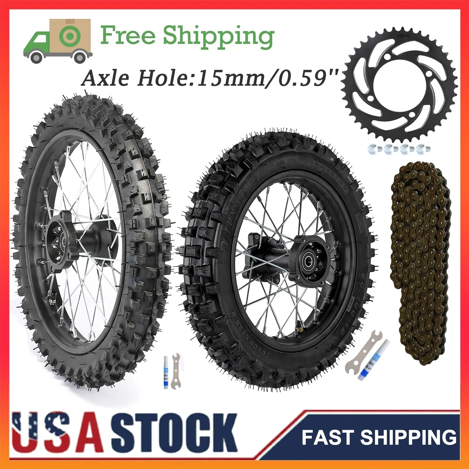 

Front 60/100-14 Rear 80/100-12 Wheel Tire Rim & Sprocket Chain For Dirt Pit Bike