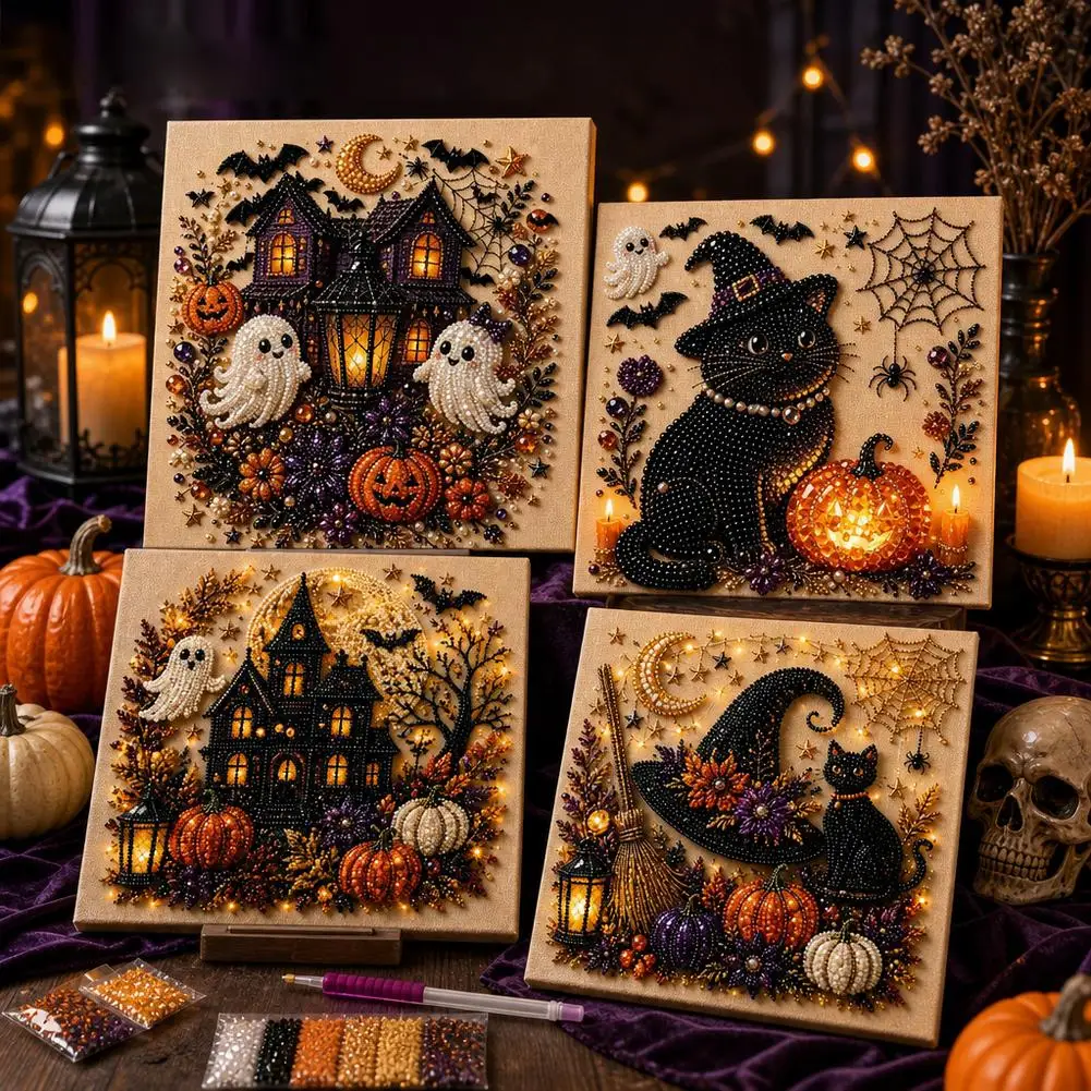 Halloween Ghost & Pumpkin 3D Pearl Art DIY Kit 3D Pearl Mosaic Craft Set Cute Black Cat Ghost Pumpkin Canvas Art Home Decoration