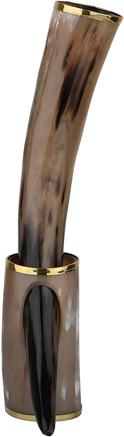 Handmade Real Ox Horn Beer Glass Vessel with Brass Rim Stand