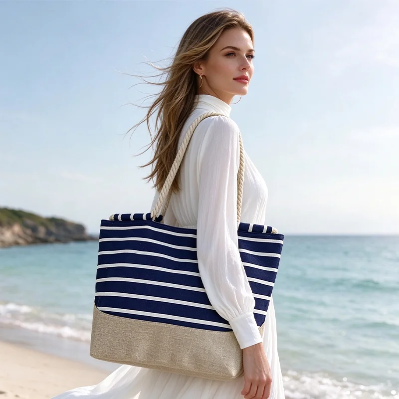 Vintage Bohemian Style Blue Striped Women's Tote Bag, Perfect for Travel, Shopping, and Daily Use, Large Capacity, Portable