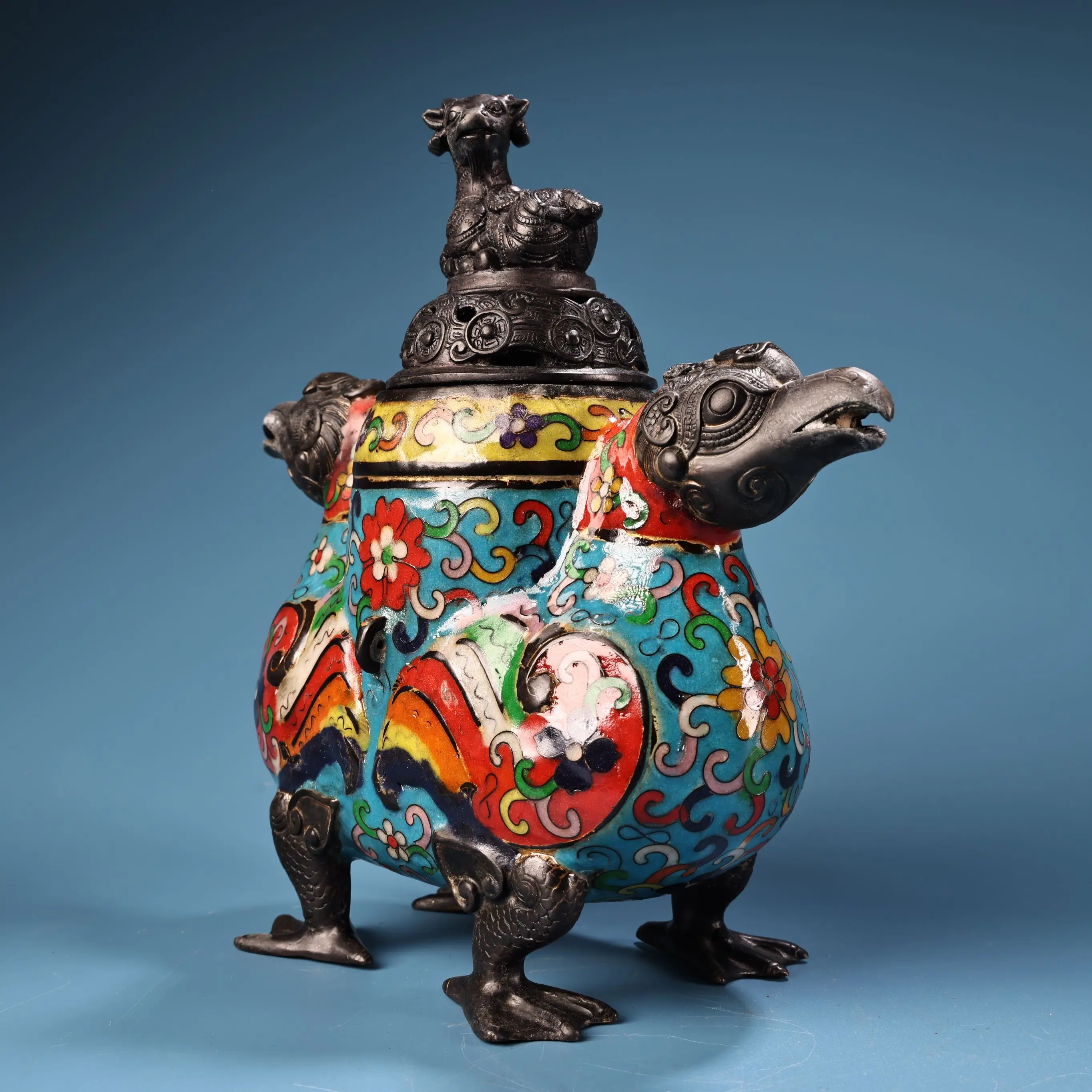 Tibet Folk Old Bronze Cloisonne Enamel Lotus pattern Sheep Statue Cover Double Divine Bird Statue Incense Burner Ornaments