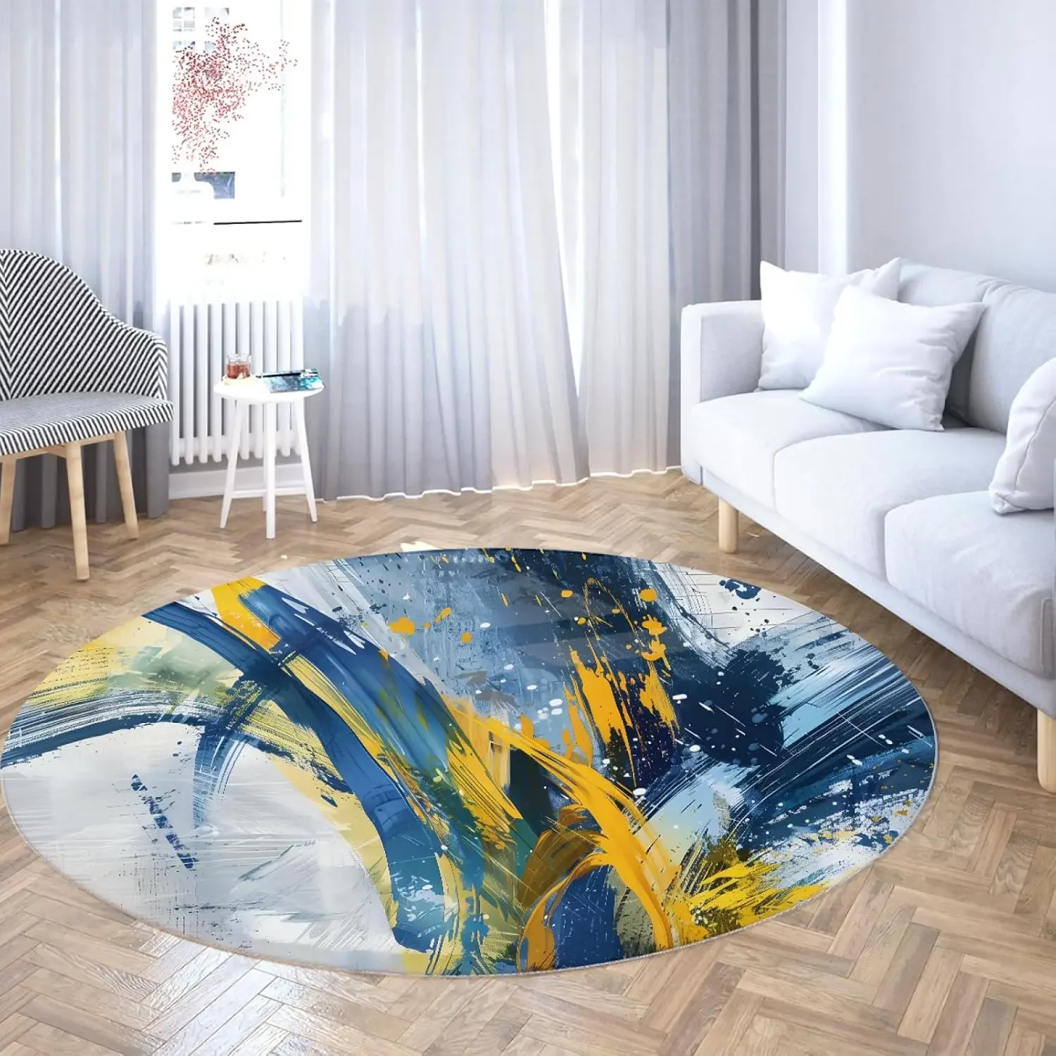 Abstract Blue Yellow Brushstroke Round Rug Modern Art for Living Room Center