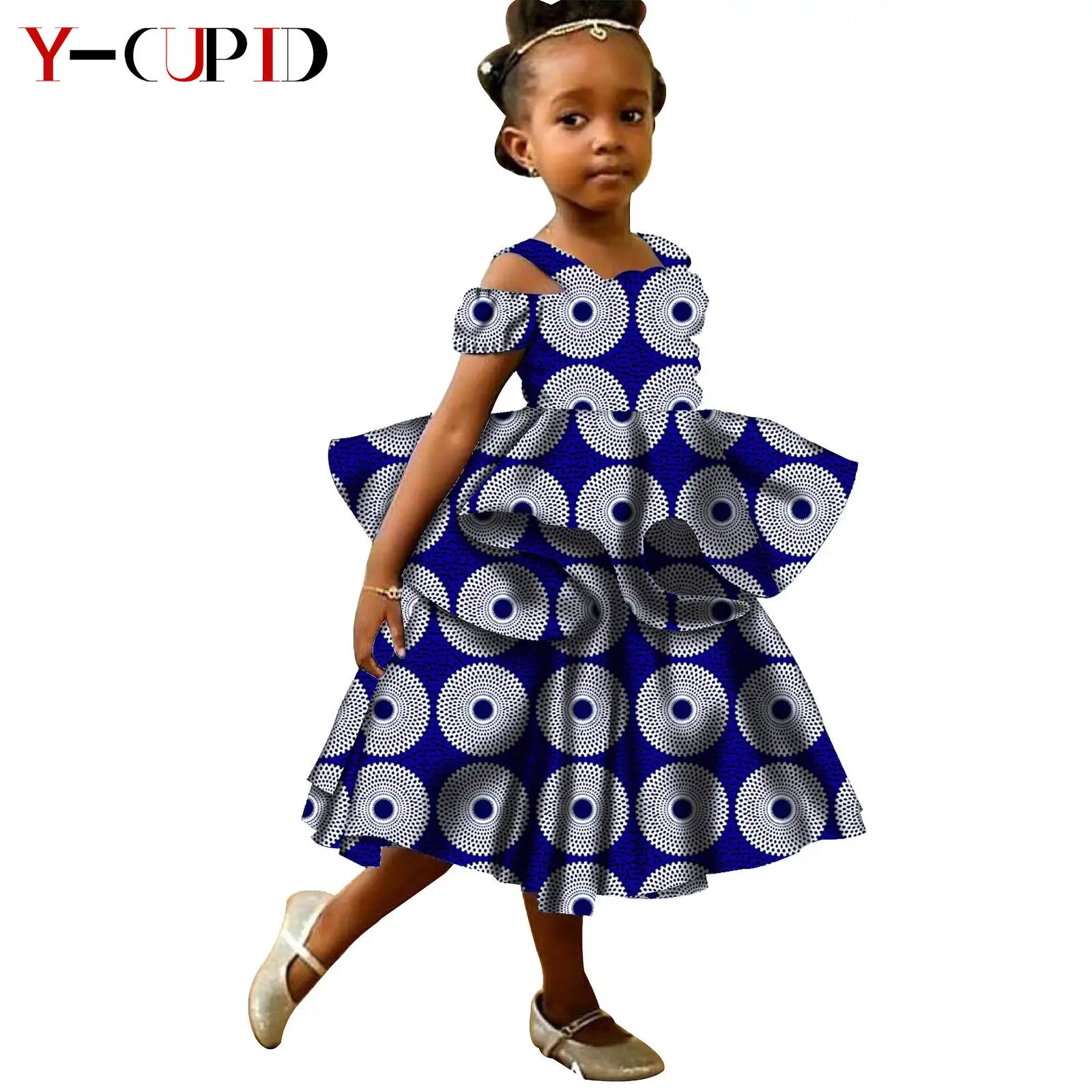 African Clothes for Kids Girls Ankara Print Double Layer Ruffles Dresses Bazin Riche Children Party Dresses Vestidos YS1940017