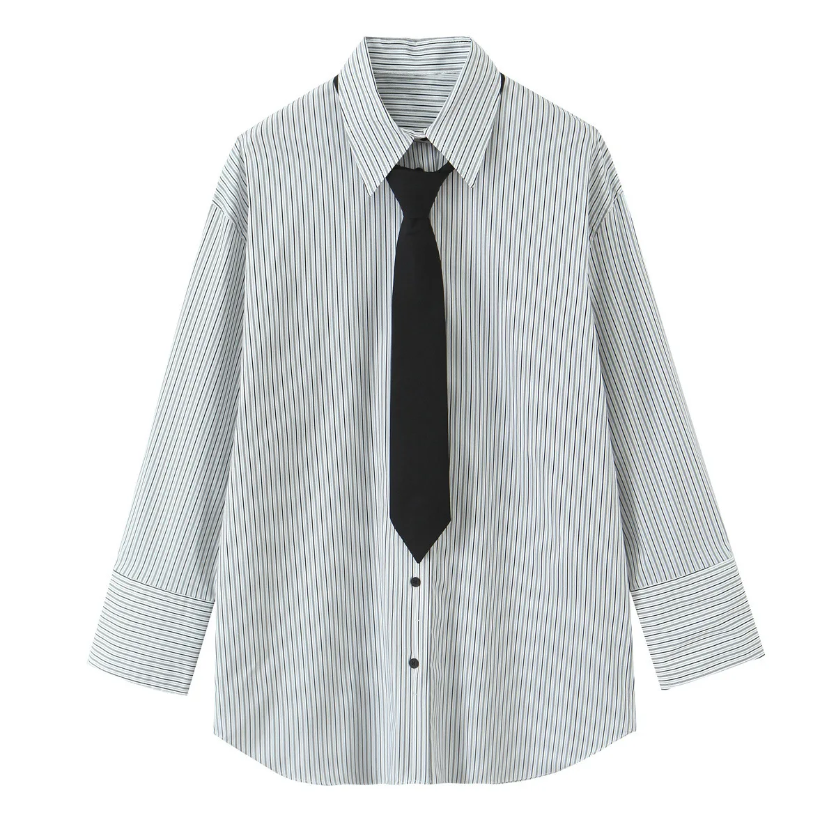 

2025 Spring And Autumn Women's Striped Shirt College Style All-match Tie Decorated Poplin Long Sleeve Shirt