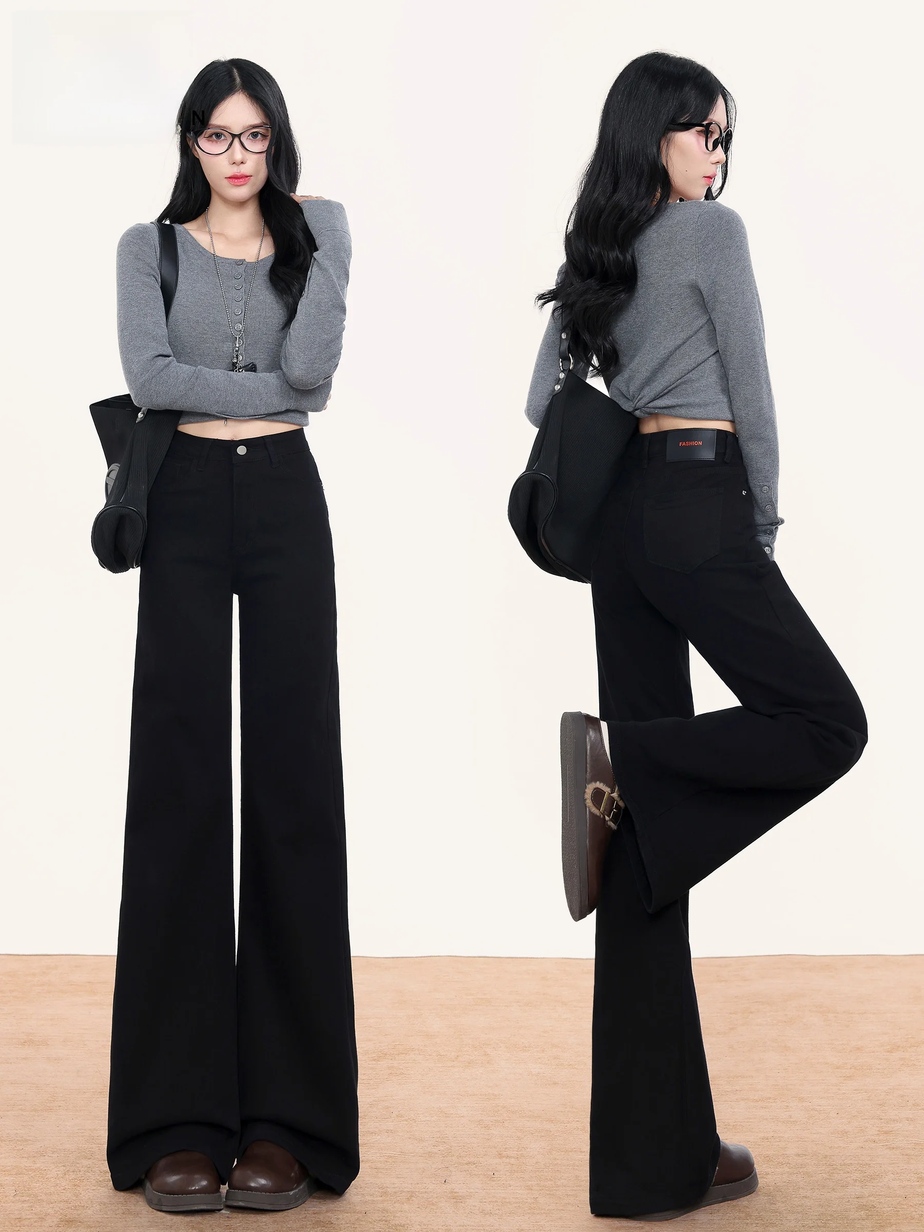 

Джинсы-клеш с высокой талией для женщин, черные, облегающие, струящиеся, в пол, сексуальные, в американском стиле, из хлопкового денима