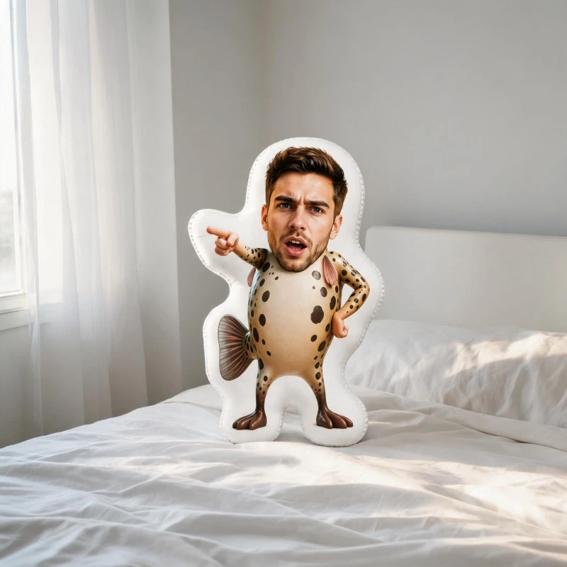 Custom Face Funny Shaped Pillow, Personalized Photo for Man in Spotted Creature Costume Decorative Cushion, Unique Home Decor Ac
