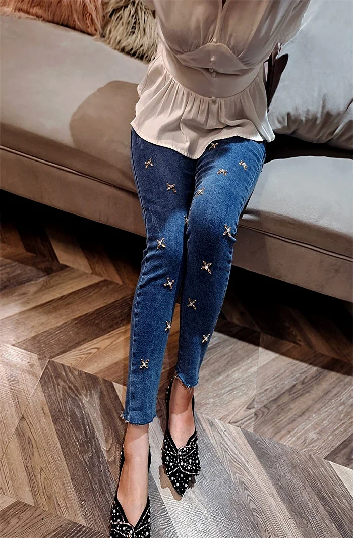 Heavy Beads Flower Pearl Rhinestone Jeans Women High Waist Cotton Stretch Slim Fit Skinny Denim Pants 2022 New Summer Pantalones