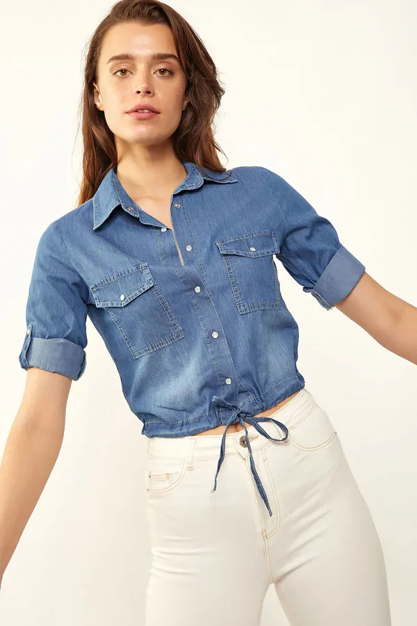 ETEĞİ BAĞLAMALI JEANS SHIRT 2021 Spring autumn women's shirt blouse street shirt new simple office lady long sleeve blouse