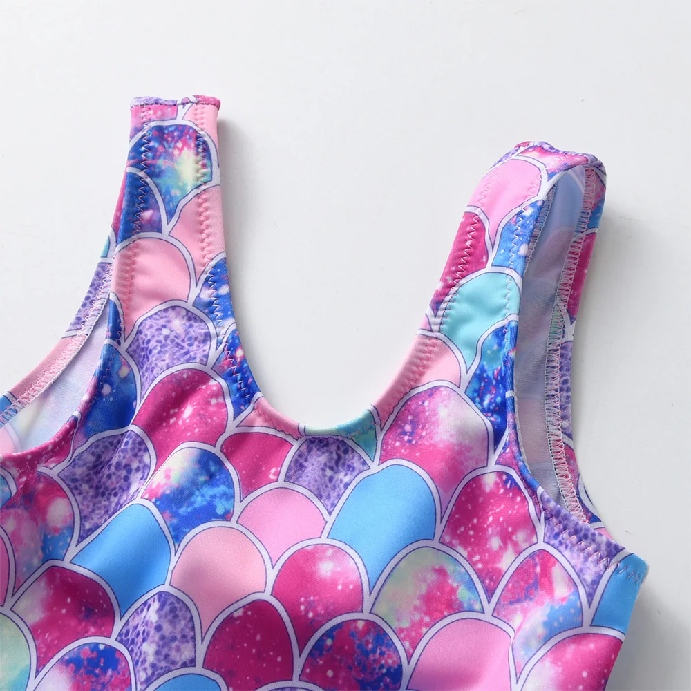 VIKITA Kids Mermaid Print Colorful Swimsuit One Piece Girls Backless Bathing Suits Children Swimwear Kids Travel Beachwear 4-10Y