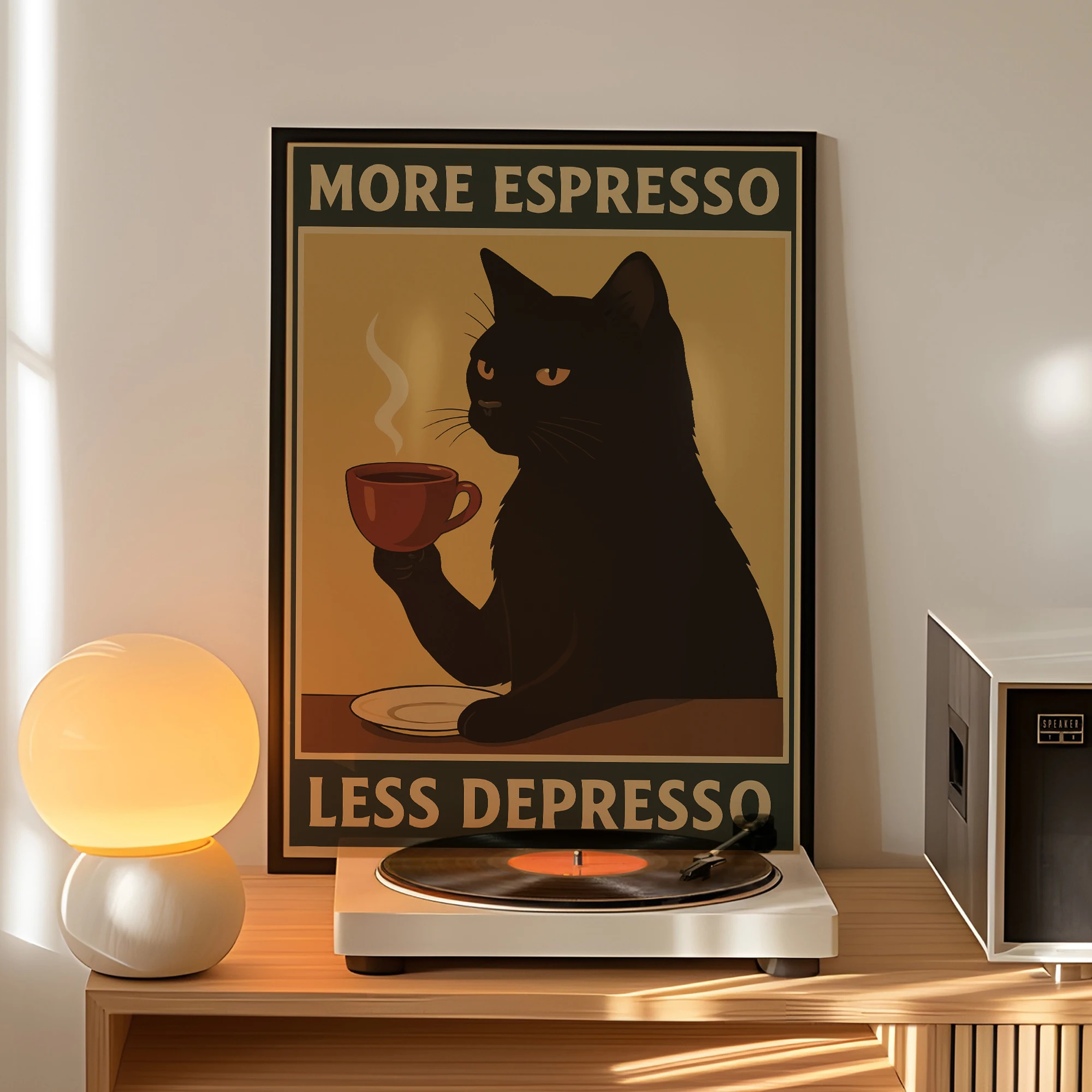 Retro More Espresso Less Depresso Black Cat Wall Art Print Canvas Painting Poster Picture For Living Room,Bedroom Home Decor