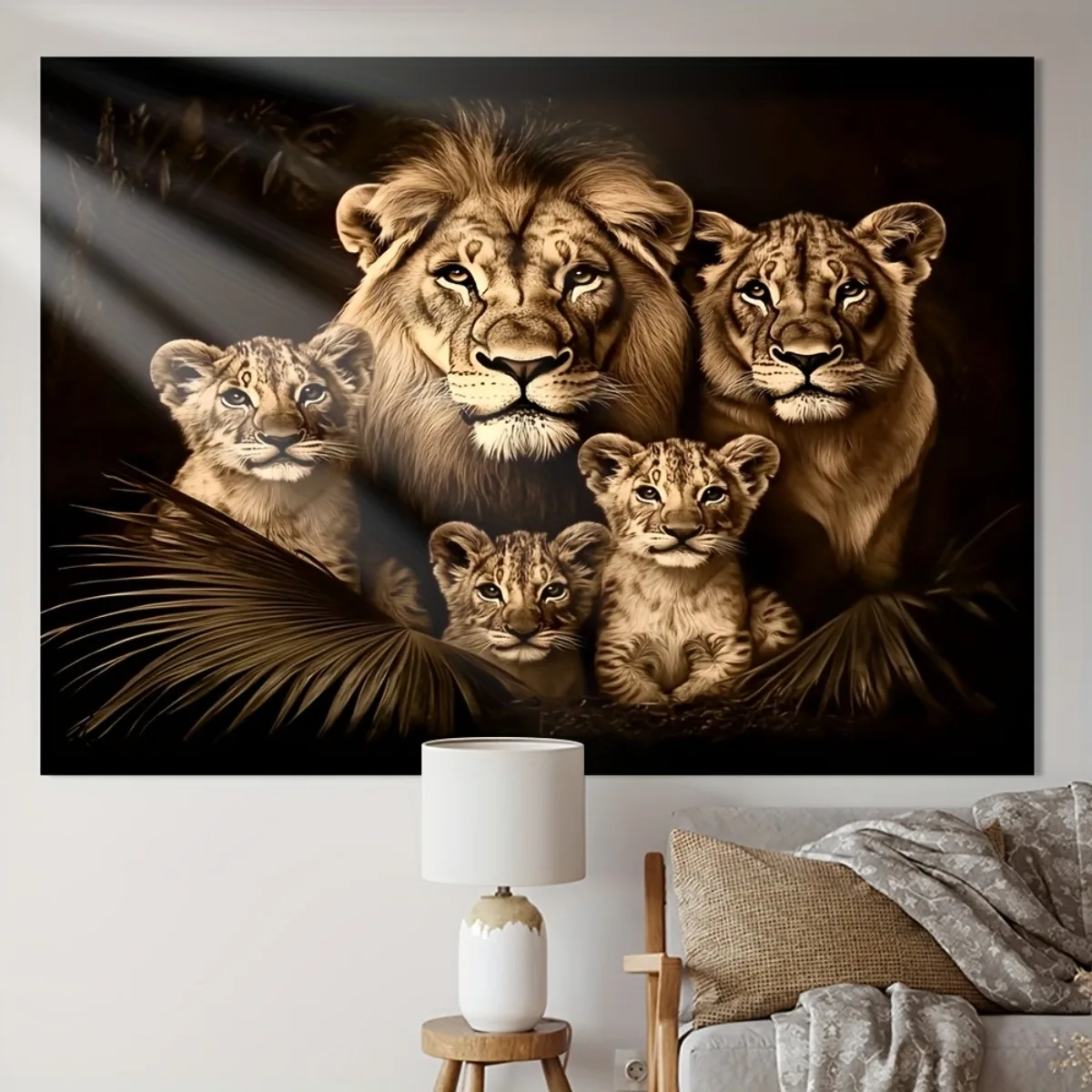 VIKAMA Lion Family Tapestry Brown Tone Wild Animal Wall Carpet Majestic Lion Group and Cub Art Hanging Cloth Room Decoration
