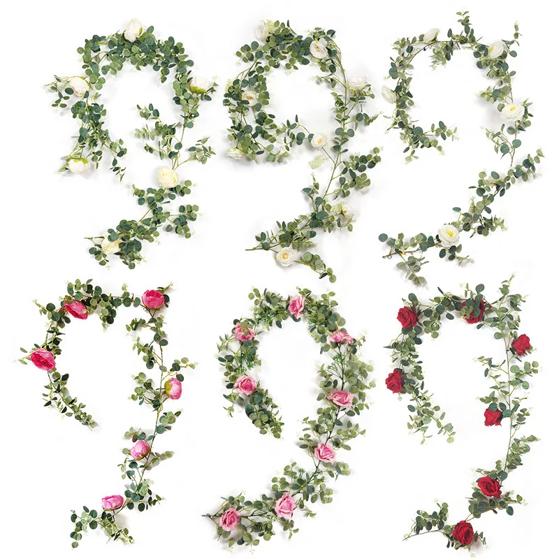 Peony Artificial Flowers Eucalyptus Vine Garland Rose Flowers Vine Wedding Decoration Wall Rattan Home Decor plantas artificiale