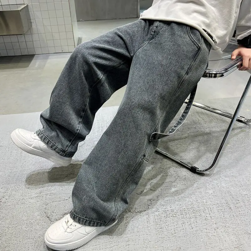Teenage Boys Cargo Jeans Spring Autumn New Kids Wide Leg Denim Pants for Children Loose Pockets Trousers 5 7 9 11 13 15 Year old