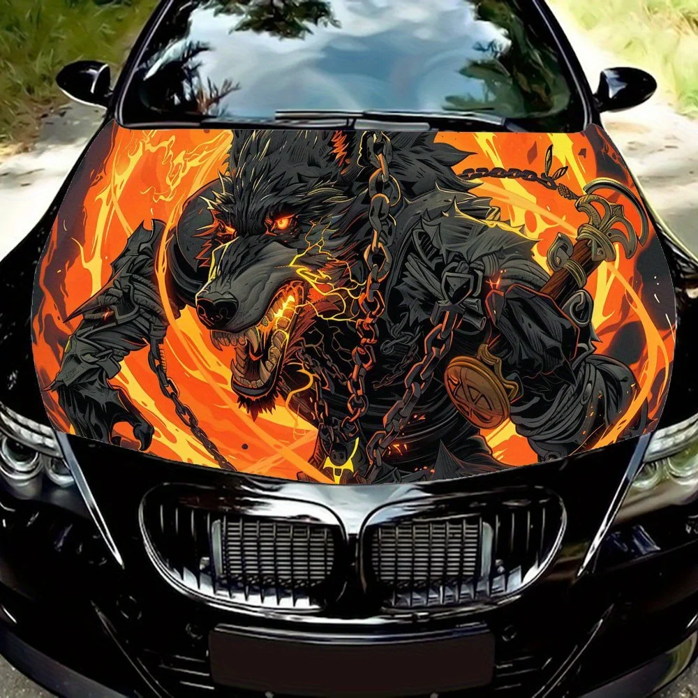 

Aggressive Flaming Monster Car Engine Hood Sticker, Waterproof Self-adhesive Vehicle Vinyl Wraps Decal, Personalized Auto Exteri