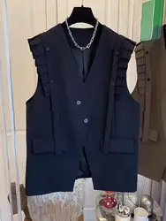 Big Size Suit Vest Sleeveless Jacket Women Clothing Waistcoat Ruffles Patchwork V-neck Buttons Korean Chic Tops Vests New