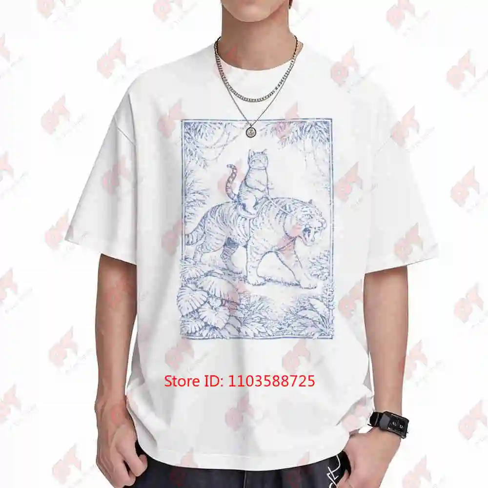 Cat Riding Sabertooth Tiger Vintage Toile Jungle Animal Short Sleeve Tee 100% Cotton T-Shirt