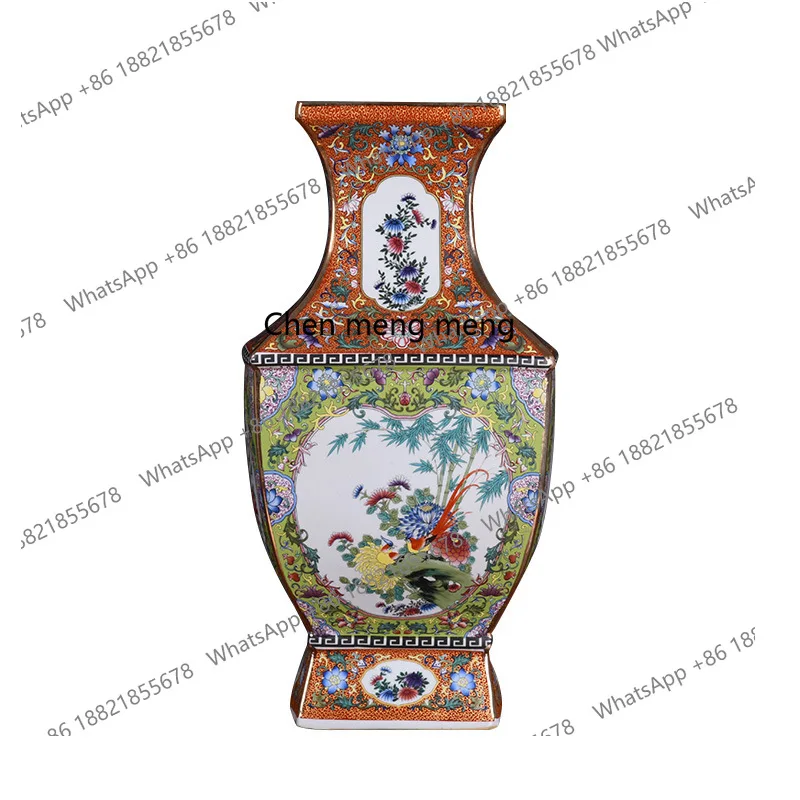

Color Piaohua Huangdi Flower and Bird Square Vase Ceramic Ornament Jingdezhen Porcelain Collection
