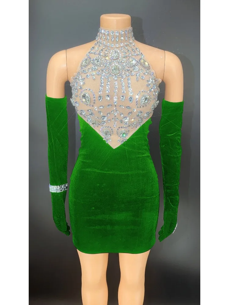 Velvet Birthday Party Dress Stage Performance Costume Glam Backless Tight Sparkle Rhinestone Gloves Skirt Womens Fashion Vestito