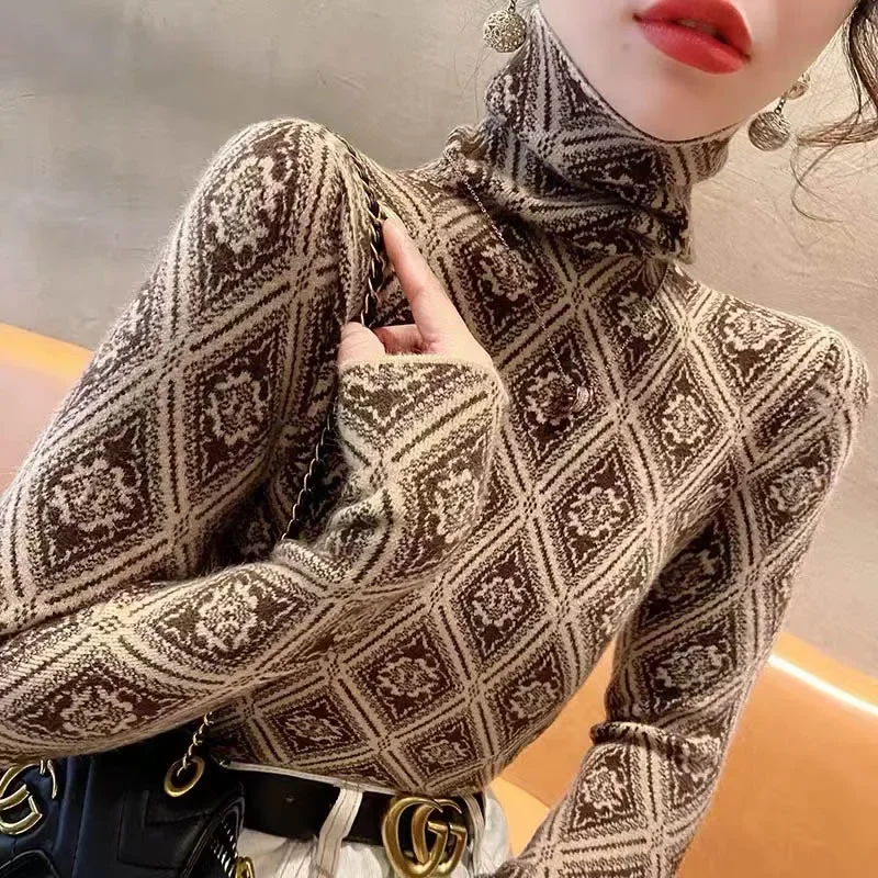 

Women Clothing Fashion Turtleneck Argyle Knit Pullovers Autumn Winter Elegant Chic Slim Long Sleeve Sweaters Office Lady Y2K Top