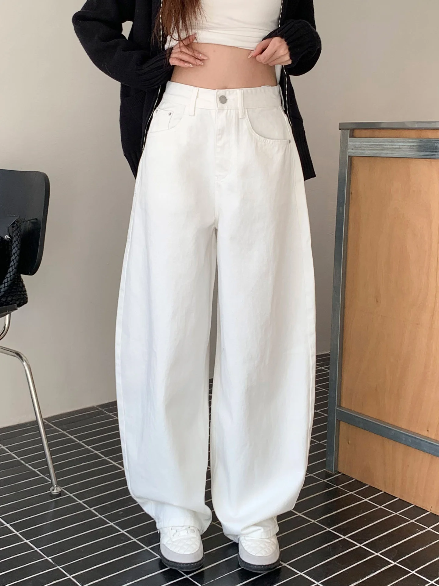 

Свободные повседневные белые джинсы-брюки для женщин, зимние, в пол, из хлопка, с пуговицами на талии, однотонные