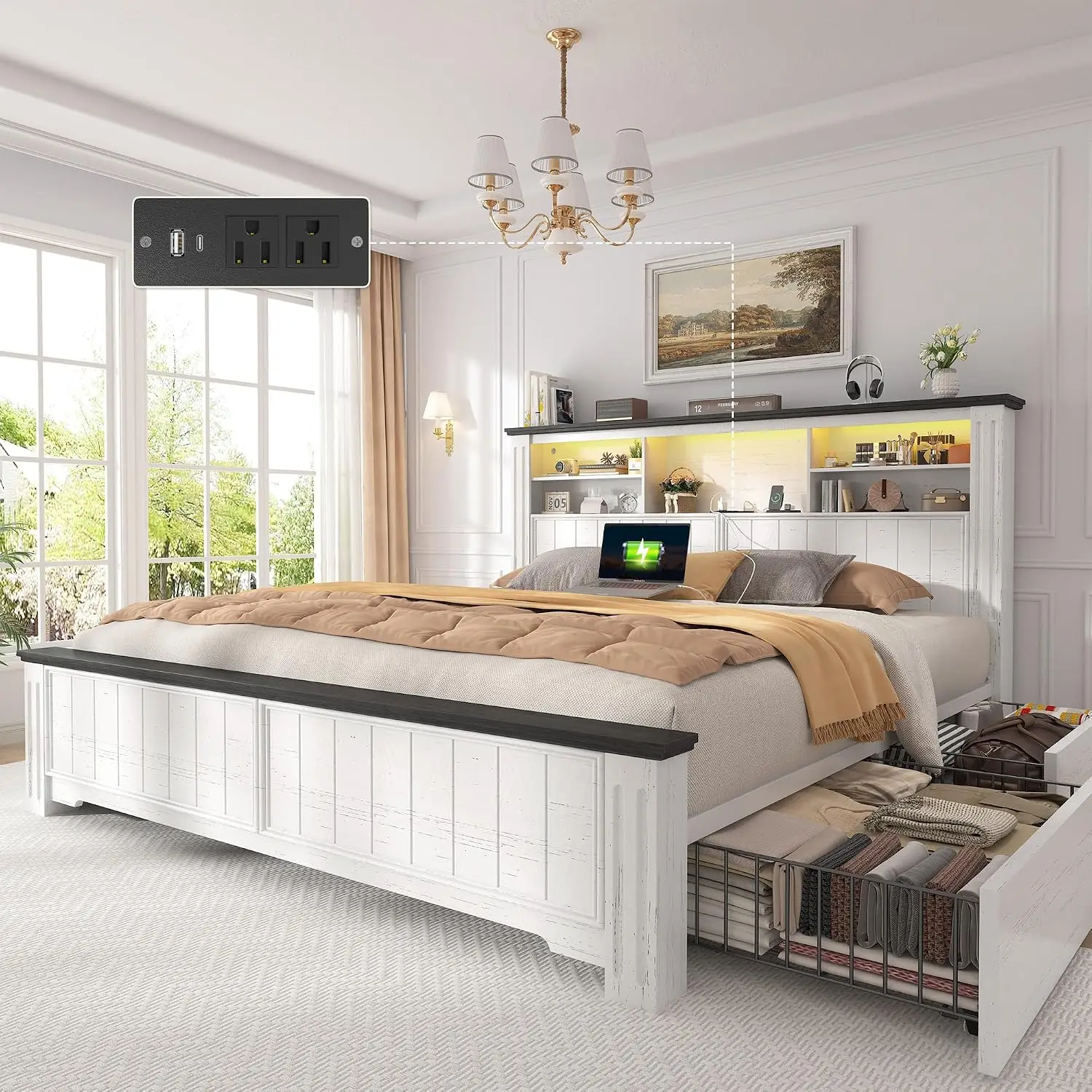 Queen Bed Frame with 4 Drawers and Headboard Storage Shelf,White | LED Lights,Built in Charging Station,Noise-Free,No Box Spring
