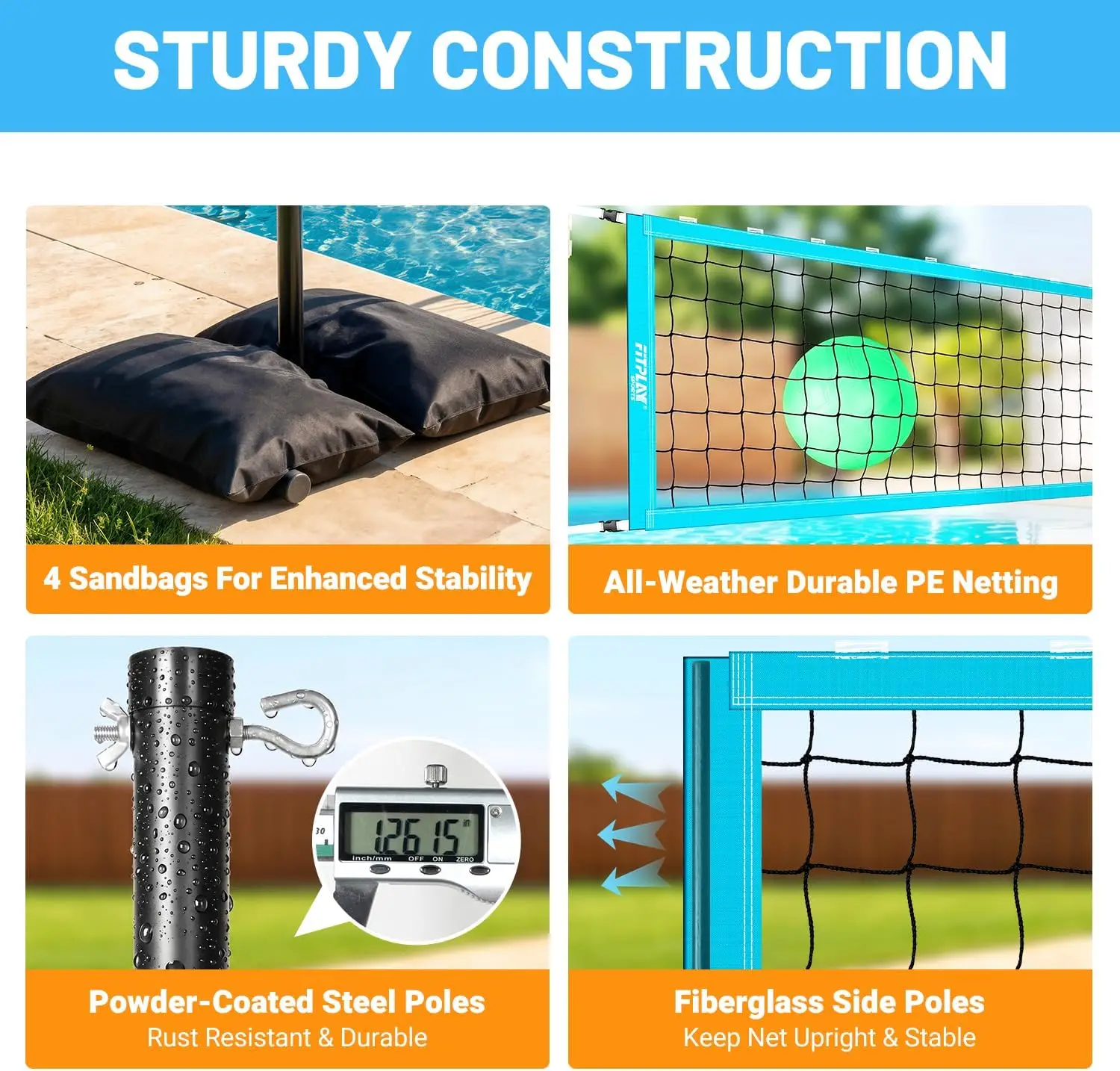 Portable Pool Volleyball Net With LED Lights, 2 Light-Up Volleyballs, 4 Sandbags, Length Adjustable 15FT To 32FT, Suitable For All Players And Inground Pools