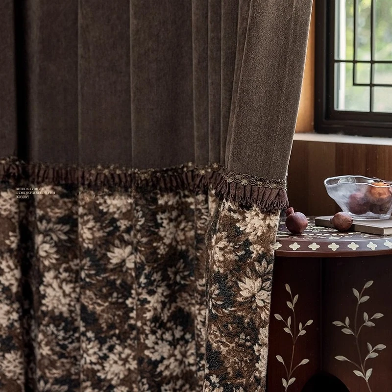 Maillard Retro Milk Coffee Color Lace Splicing Chenier Curtains for Living Room Bedroom Partition Curtains Customized Finished