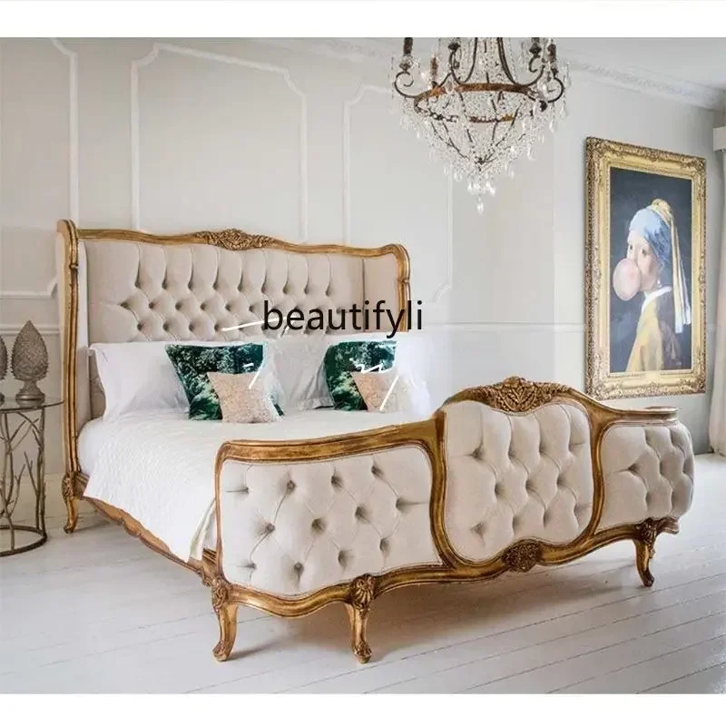 

American-Style Solid Wood Double Bed French Retro Distressed Carved Marriage Bed Fabric Pull Buckle Large Ear Bed