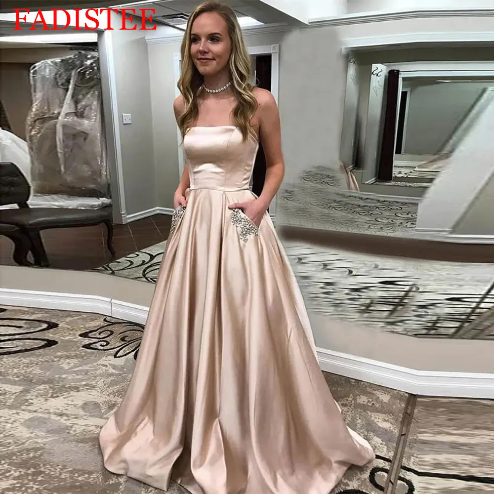 customized Satin Prom Dresses Strapless With Pockets Hand Made Diamonds Floor Length A-line Evening Party Gowns Lace-up Back