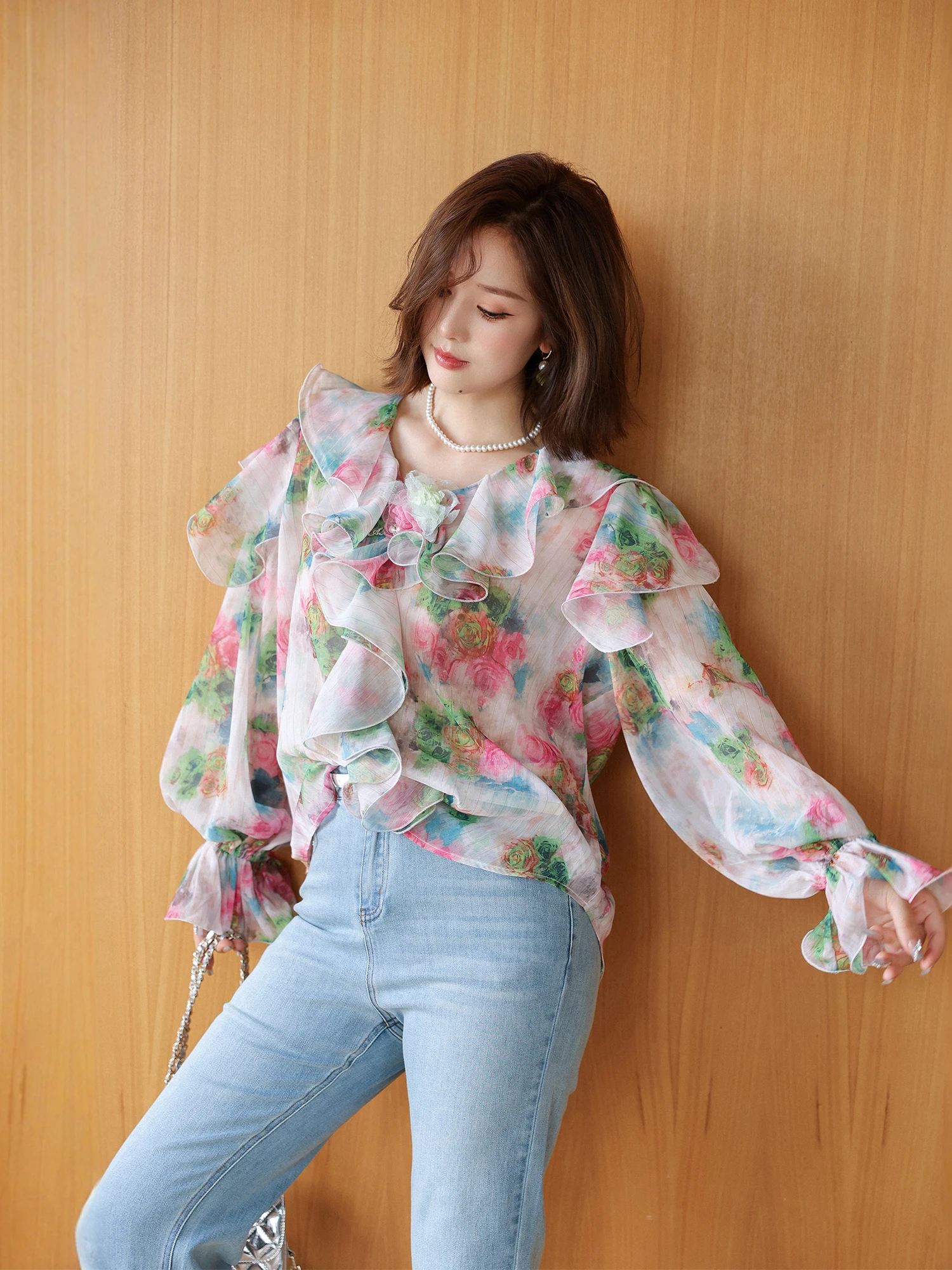 

Ele Floral Print Bell Sve Long Sve irt Women's Summer Top Lace Trimmed Commute Sle Breathable Comfortable Fabric