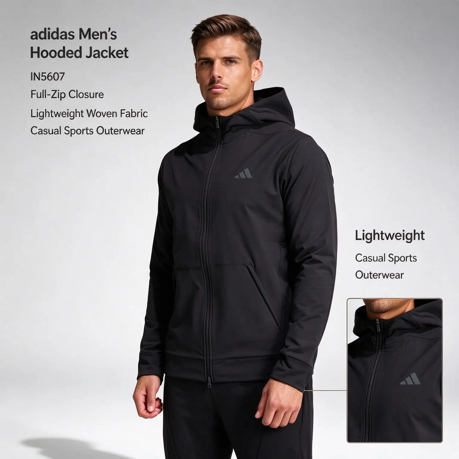 Adidas Men's Full-Zip Hooded Jacket IN5607 Black Lightweight Woven Fabric Side Pockets Casual Sports Outerwear