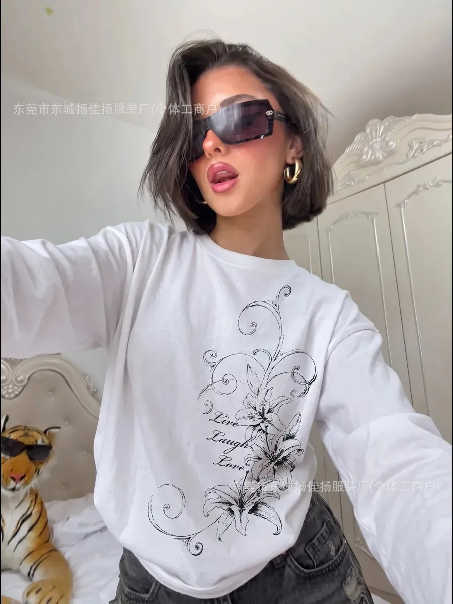 Y2K Women 100% Cotton Long Sleeve T Shirt Sketch Lily Flower Live Laugh Love Slogan Print Loose Oversized Casual Streetwear Tees