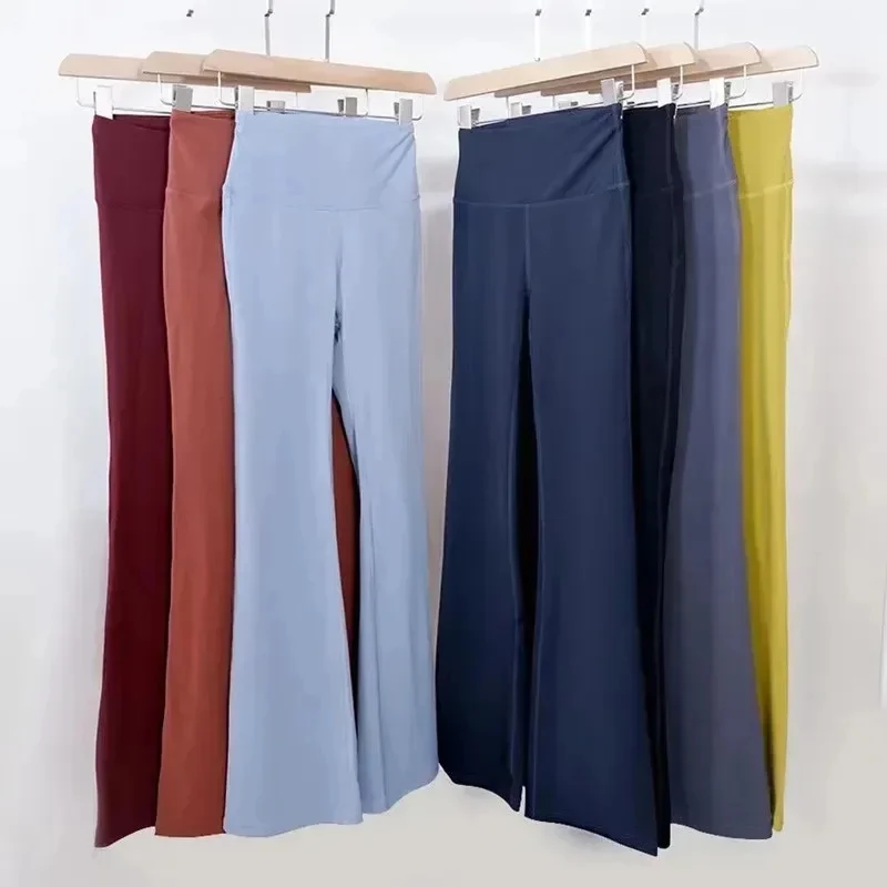 Womens Yoga Flared Pants Long Ladies High Waist Slim Fit Belly Bell-bottom Trousers Shows Legs Fitness Net Solid Color