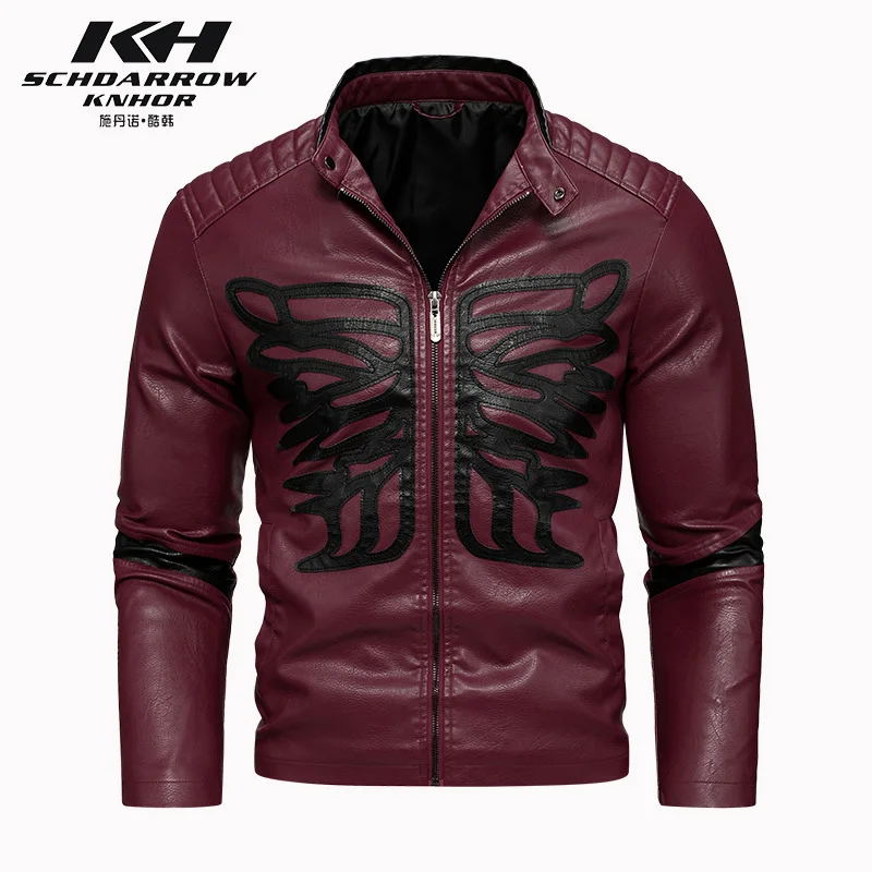 2024 New Men's PU Leather Casual Jacket Butterfly Embroidery Stand Collar Trendy Biker Motorcycle Jacket Coat Autumn Winter