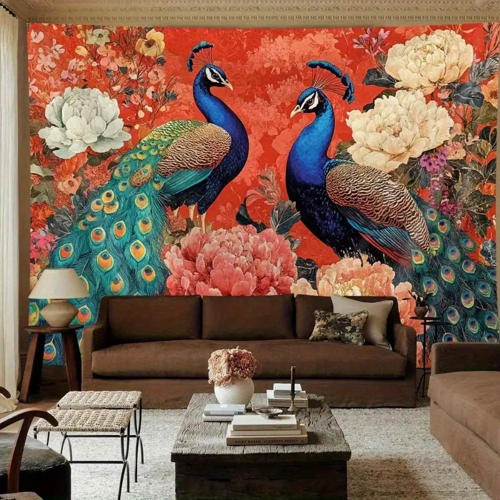 1pc Vintage Floral Tapestry Peacock Peony Wall Hanging Oriental Chinoiserie Decor Living Room Back-to-School Season Autumn Gifts