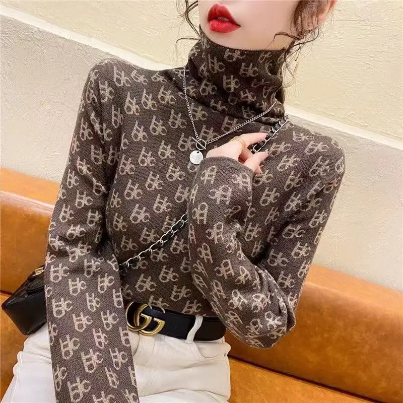 2023 Autumn and Winter Women's Pullover Piled Collar Patchwork Printing Slim Checkered Sweater Fashion Casual Long Sleeve Tops