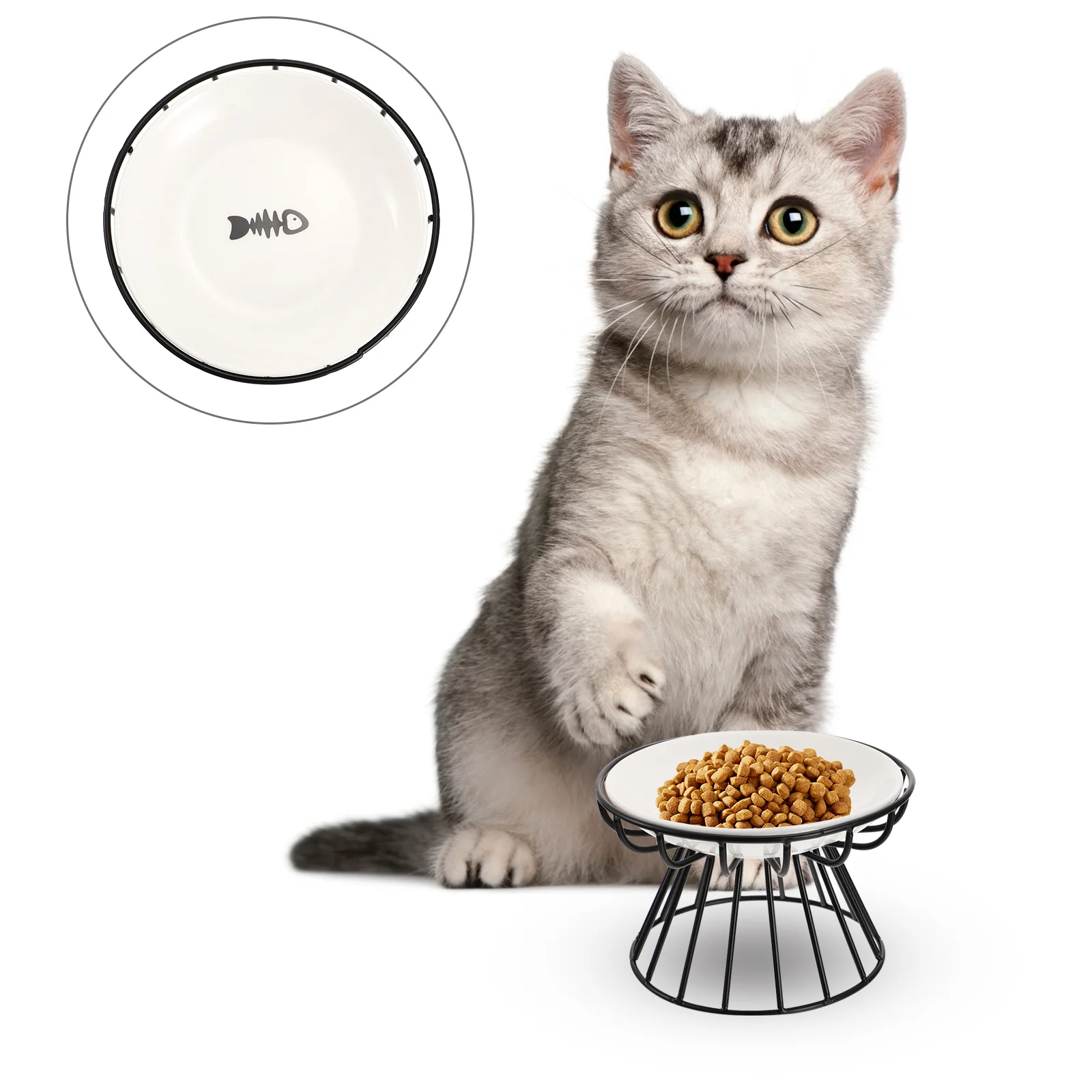 

1Set Raised Ceramic Cat Feeder Bowl Iron Stand Puppy Bowl Elevated Dog Dish Comfortable Feeding for Small Dogs Cats