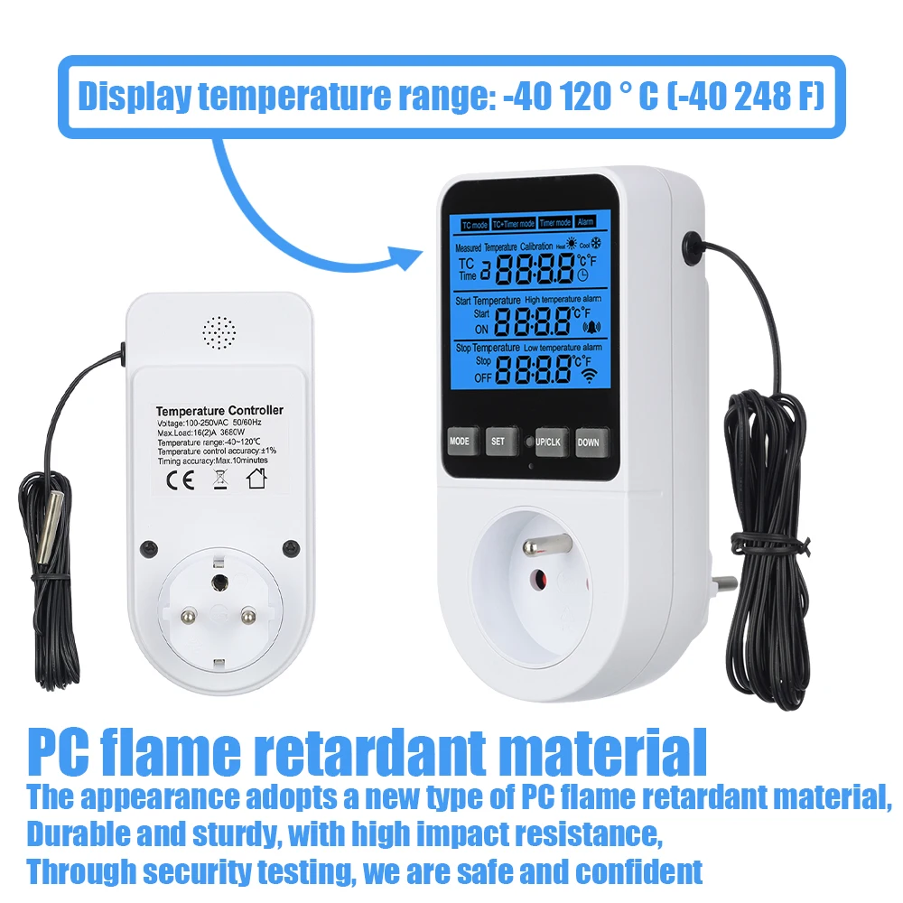 Newest Digital Temperature Controller Socket Outlet EU/US Plug Thermostat With Timer Sensor Probe Heating Cooling Switch 10-16A